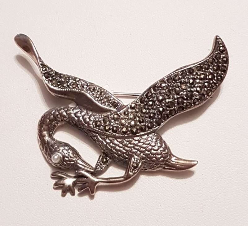 Sterling Silver Marcasite and Mother of Pearl Large Crane Bird Brooch