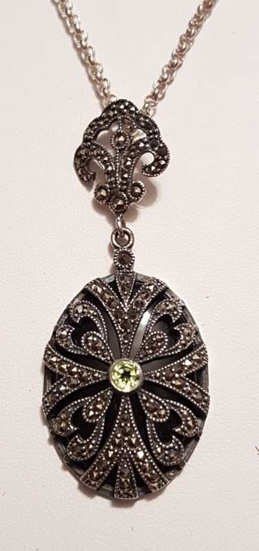 Sterling Silver Marcasite, Onyx & Peridot Ornate Oval Drop Pendant on Sterling Silver Chain