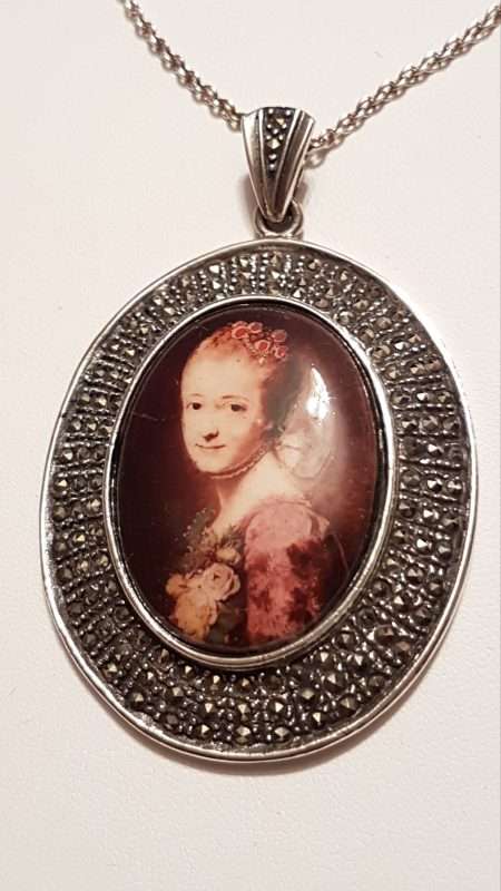 Sterling Silver Large Marcasite & Enamel Ladies Portrait Pendant on Sterling Silver Chain - Lady Face