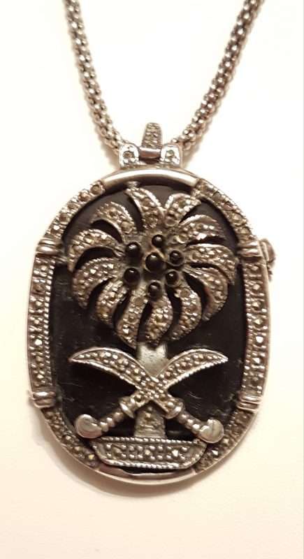 Sterling Silver Marcasite & Onyx Swords and Palm Tree Oval Pendant on Sterling Silver Chain