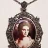 Sterling Silver Marcasite & Enamel Ladies Portrait Ornate Pendant on Sterling Silver Chain - Lady Head