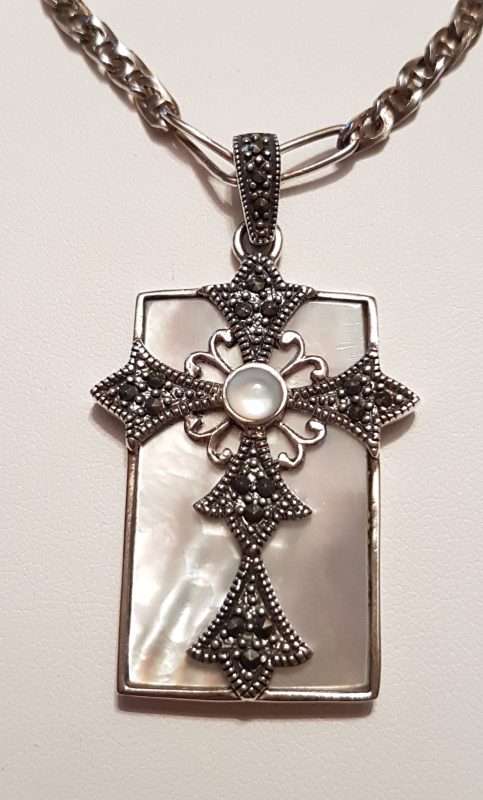 Sterling Silver Marcasite & Mother of Pearl Cross in Rectangle Pendant on Sterling Silver Chain