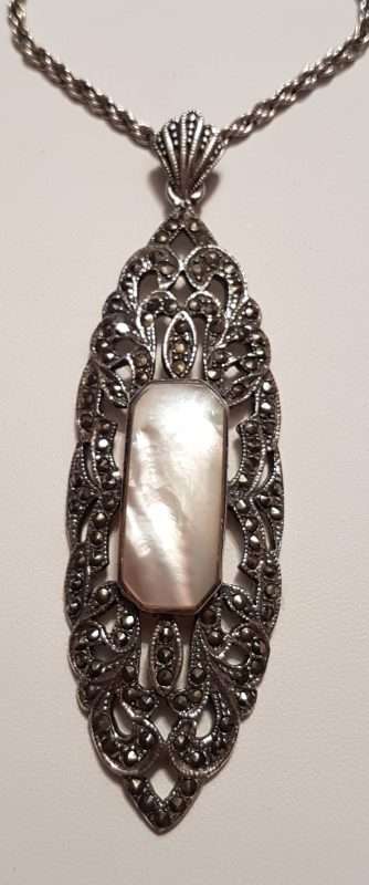 Sterling Silver Marcasite & Mother of Pearl Long Ornate Pendant on Sterling Silver Chain