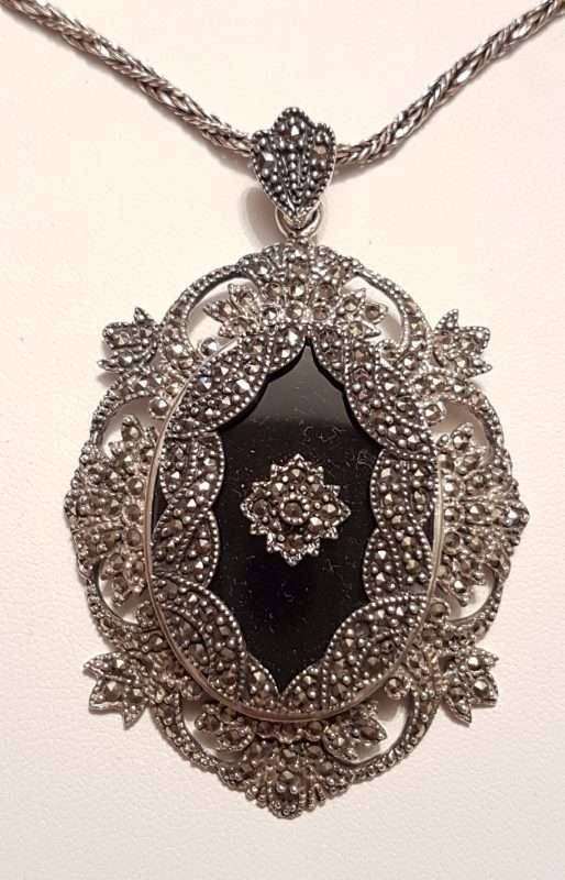 Sterling Silver Marcasite & Onyx Large Ornate Oval Pendant on Sterling Silver Chain
