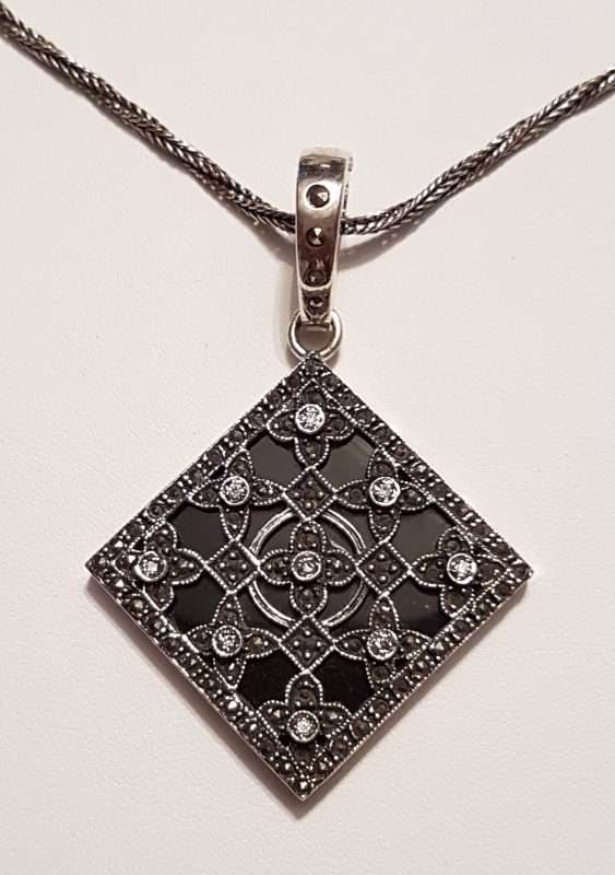 Sterling Silver Marcasite, Cubic Zirconia & Onyx Large Ornate Square Enhancer Pendant on Sterling Silver Chain