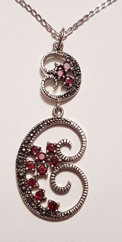 Sterling Silver Marcasite & Garnet Long Ornate Pendant on Sterling Silver Chain