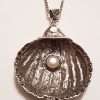 Sterling Silver Marcasite & Pearl Large Shell Pendant on Sterling Silver Chain