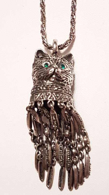 20200404_101711 Sterling Silver Marcasite Cat Head with Tassells Pendant on Sterling Silver Chain