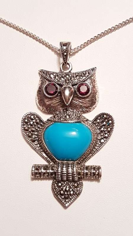 Sterling Silver Marcasite , Purple Blue Body with Red Eyes Owl Pendant on Sterling Silver Chain
