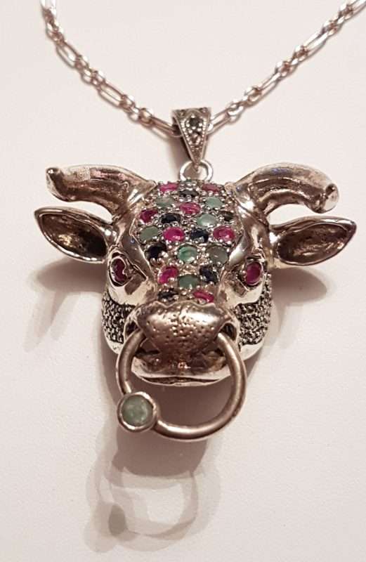 Sterling Silver Marcasite, Emerald, Ruby and Sapphire Bull Head Pendant on Sterling Silver Chain