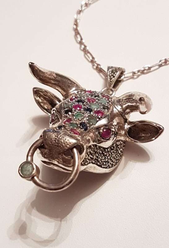 Sterling Silver Marcasite, Emerald, Ruby and Sapphire Bull Head Pendant on Sterling Silver Chain