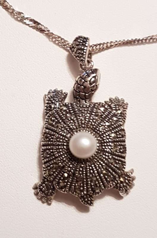 Sterling Silver Marcasite & Pearl Turtle Pendant on Sterling Silver Chain
