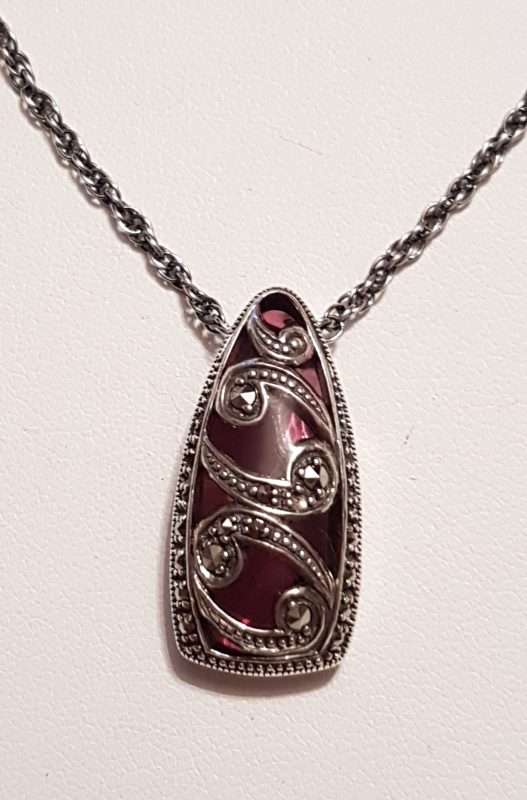 Sterling Silver Marcasite with Purple Enamel Ornate Pendant on Sterling Silver Chain
