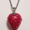 Sterling Silver Marcasite, Green & Red Enamel Medium Size Strawberry Pendant (which Opens) on Sterling Silver Chain
