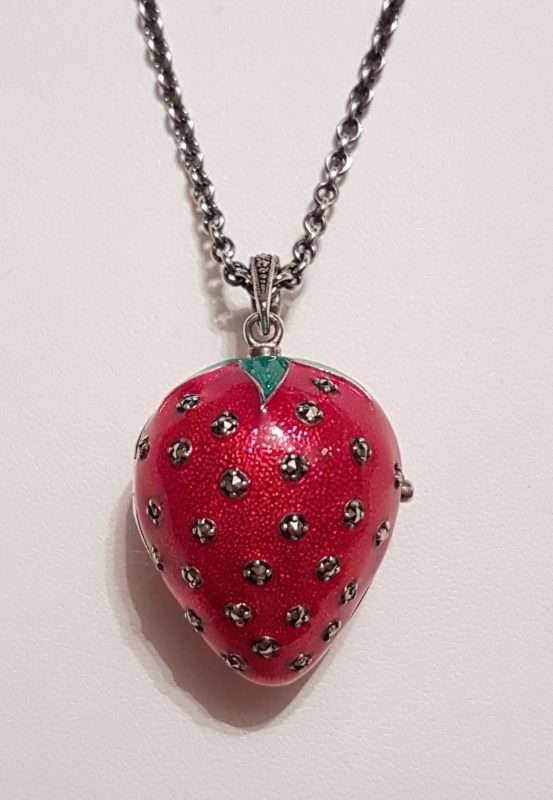 20200404_114511 Sterling Silver Marcasite, Green & Red Enamel Medium Size Strawberry Pendant (which Opens) on Sterling Silver Chain