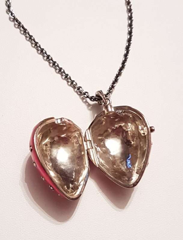 20200404_114524 Sterling Silver Marcasite, Green & Red Enamel Medium Size Strawberry Pendant (which Opens) on Sterling Silver Chain