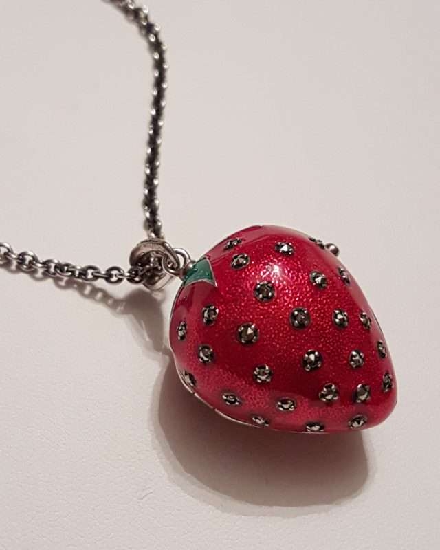 20200404_114535 Sterling Silver Marcasite, Green & Red Enamel Medium Size Strawberry Pendant (which Opens) on Sterling Silver Chain