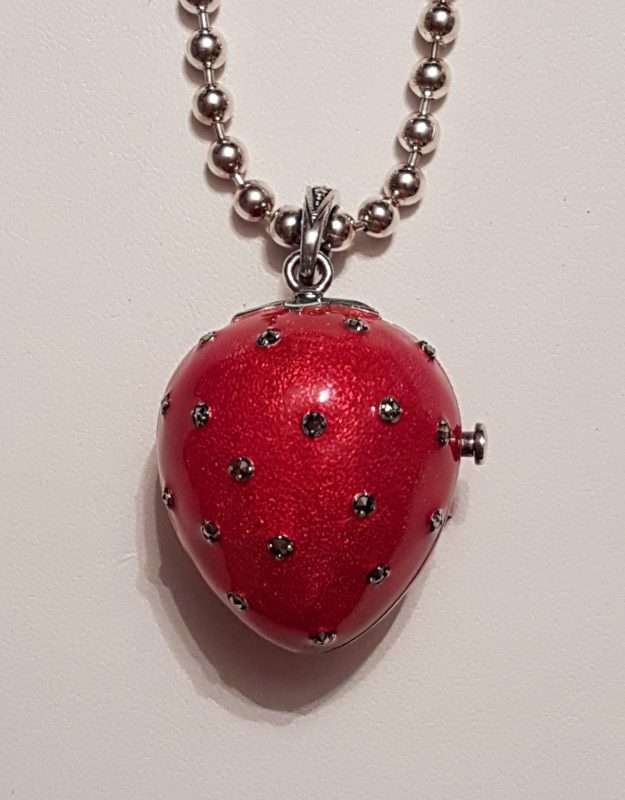 Sterling Silver Marcasite, Green & Red Enamel Large Size Strawberry Locket Pendant (which Opens) on Sterling Silver ChainSterling Silver Marcasite, Green & Red Enamel Large Size Strawberry Locket Pendant (which Opens) on Sterling Silver Chain