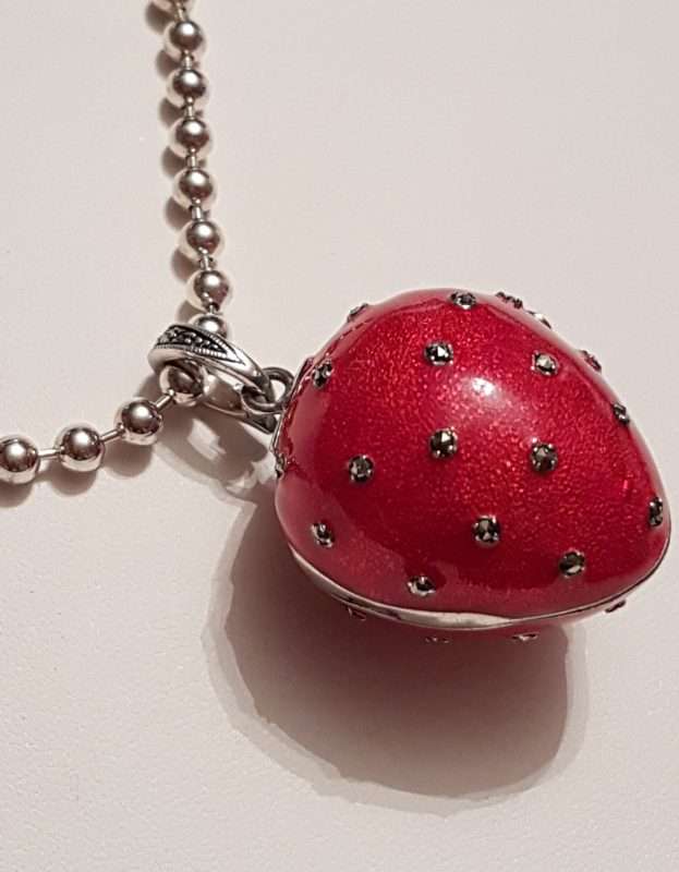 Sterling Silver Marcasite, Green & Red Enamel Large Size Strawberry Locket Pendant (which Opens) on Sterling Silver Chain