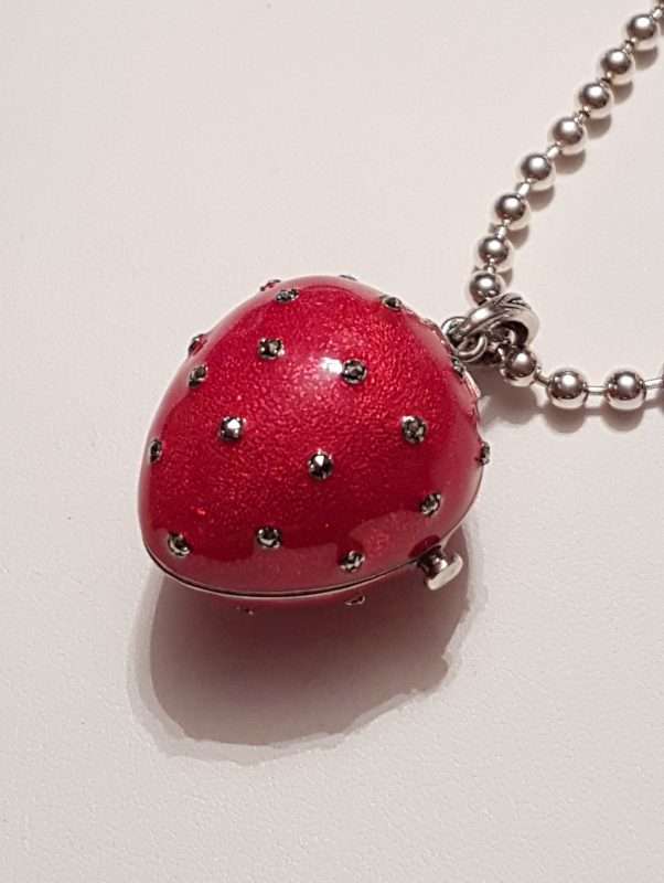 Sterling Silver Marcasite, Green & Red Enamel Large Size Strawberry Locket Pendant (which Opens) on Sterling Silver Chain