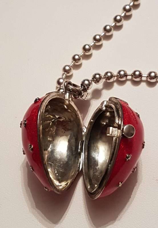 Sterling Silver Marcasite, Green & Red Enamel Large Size Strawberry Locket Pendant (which Opens) on Sterling Silver Chain