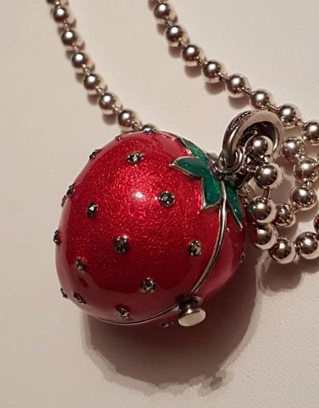 Sterling Silver Marcasite, Green & Red Enamel Large Size Strawberry Locket Pendant (which Opens) on Sterling Silver Chain