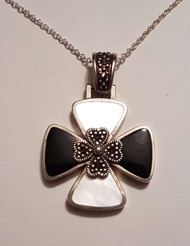 20200404_114930 Sterling Silver Marcasite, Onyx and Mother of Pearl Cross / Crusifix Pendant on Sterling Silver Chain