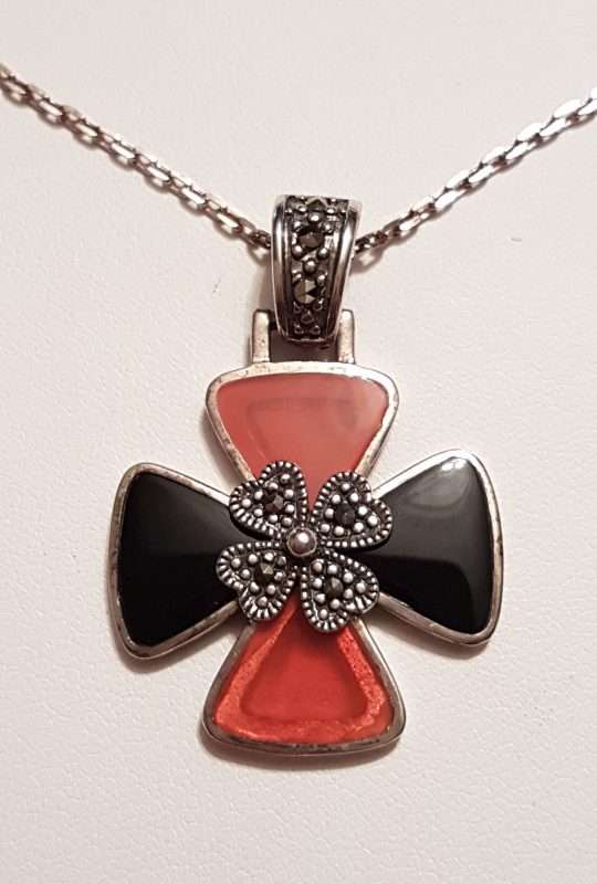 20200404_114938 Sterling Silver Marcasite, Onyx and Carnelian Cross / Crusifix Pendant on Sterling Silver Chain