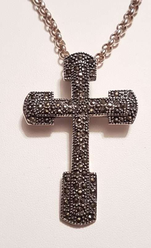 20200404_115027 Sterling Silver Marcasite Large Cross / Crusifix Pendant on Sterling Silver Chain