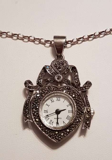 Sterling Silver Marcasite Ornate Watch Pendant on Sterling Silver Chain