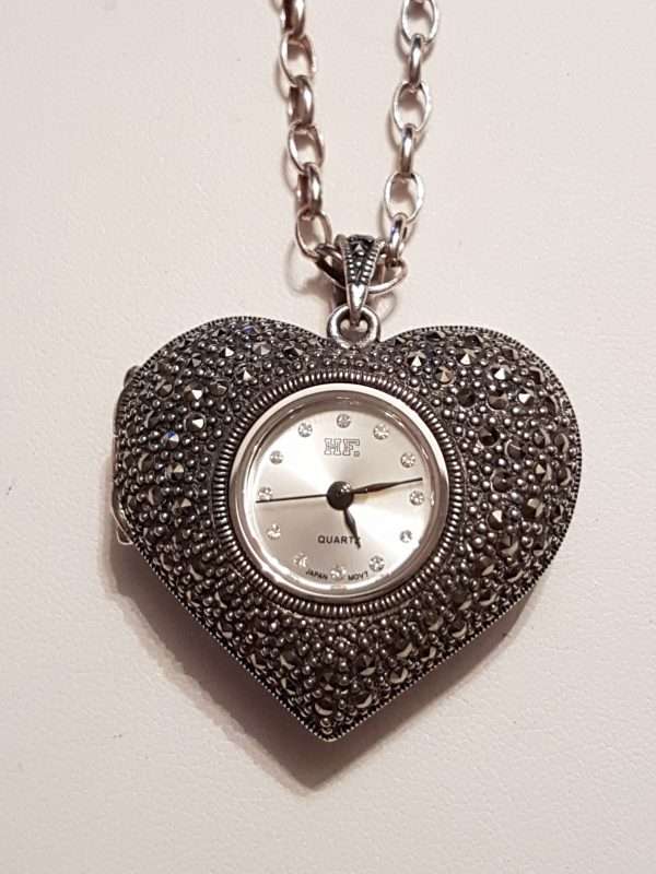 20200404_115051 Sterling Silver Marcasite Heart Shaped Watch Pendant on Sterling Silver Chain