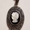 Sterling Silver Marcasite, Onyx and Mother of Pearl Cameo Pendant on Sterling Silver Chain