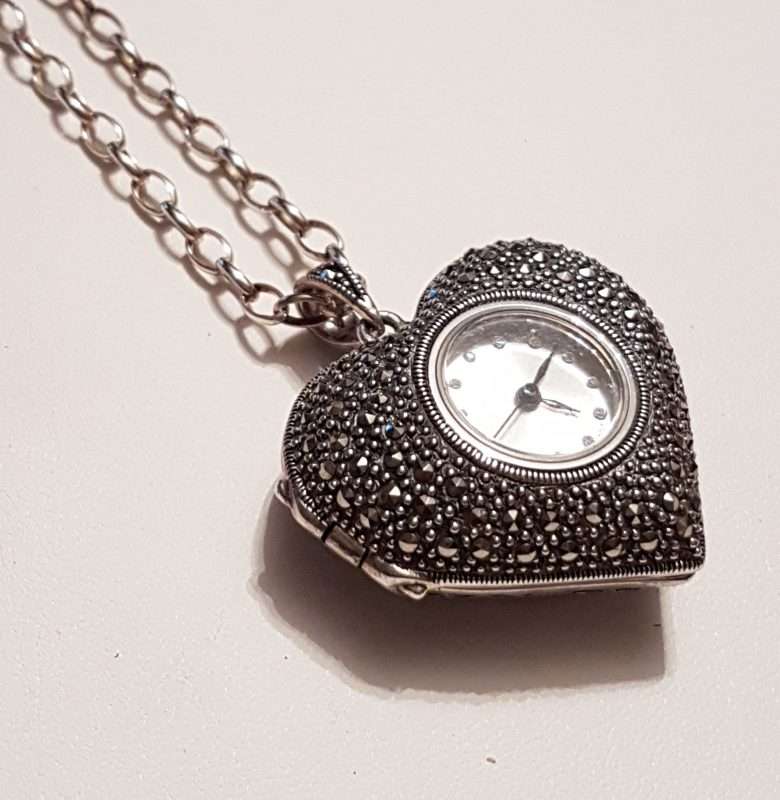 20200404_115236 Sterling Silver Marcasite Heart Shaped Watch Pendant on Sterling Silver Chain