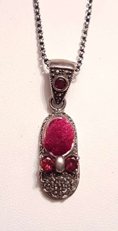 Sterling Silver Marcasite Red Pin Cushion Shoe Pendant on Sterling Silver Chain