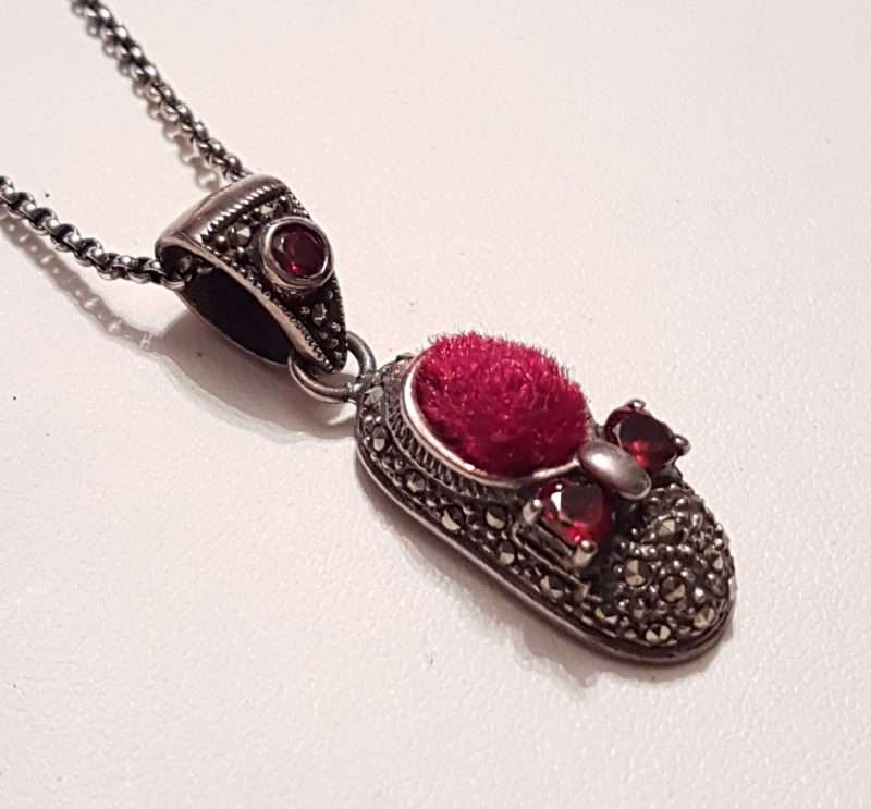 Sterling Silver Marcasite Red Pin Cushion Shoe Pendant on Sterling Silver Chain
