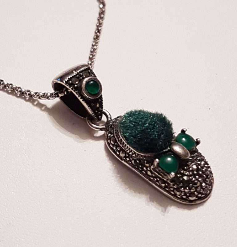 Sterling Silver Marcasite Green Pin Cushion Shoe Pendant on Sterling Silver Chain
