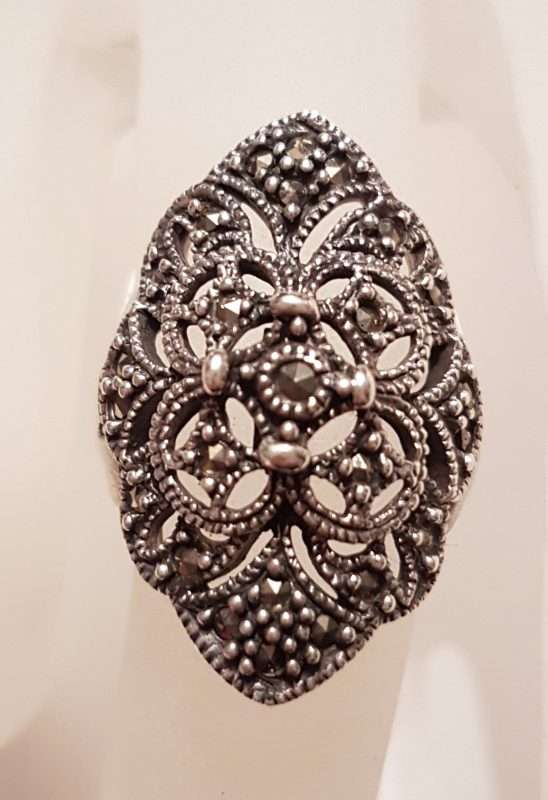 Sterling Silver Marcasite Large Ornate Filigree Ring