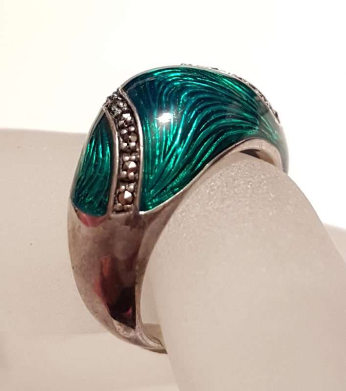 20200405_212133 Sterling Silver Marcasite Wide Green Enamel Ring