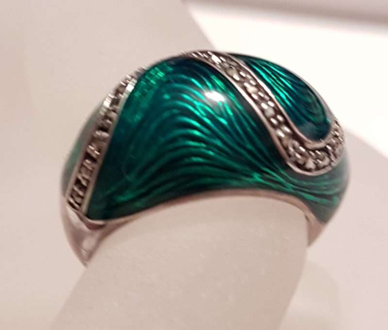 20200405_212149 Sterling Silver Marcasite Wide Green Enamel Ring