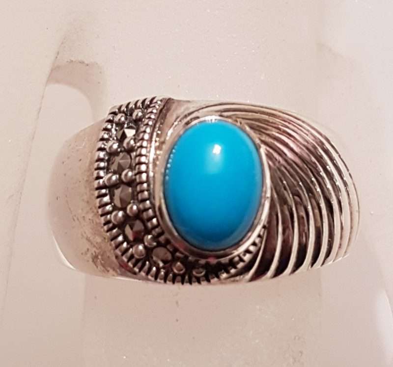 Sterling Silver Marcasite Blue Recon. Turquoise Wide Ring