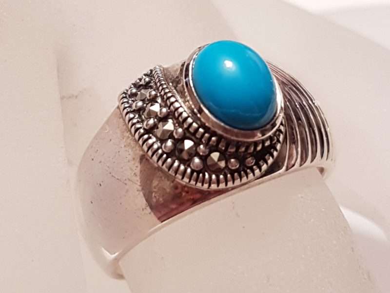 Sterling Silver Marcasite Blue Recon. Turquoise Wide Ring