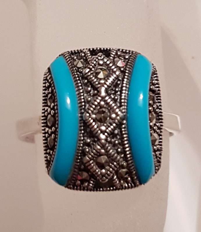Sterling Silver Marcasite Blue Recon. Turquoise Rectangular Ring