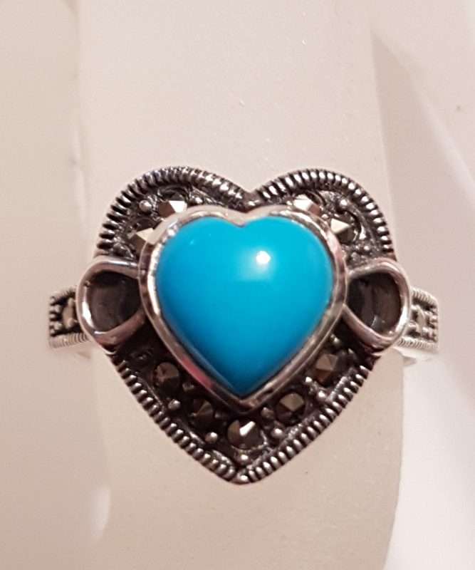 20200405_213144 Sterling Silver Marcasite Blue Recon. Turquoise Heart Ring