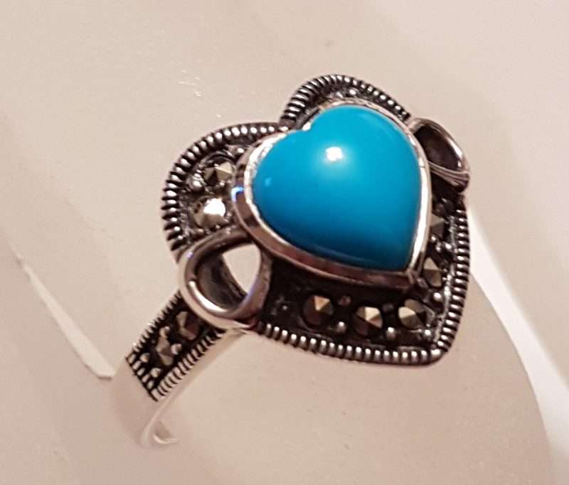 20200405_213202 Sterling Silver Marcasite Blue Recon. Turquoise Heart Ring