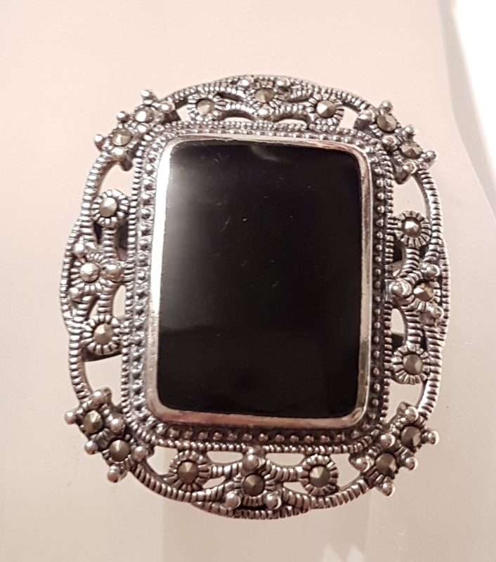 Sterling Silver Marcasite & Onyx Very Large Rectangular Ornate Filigree Ring