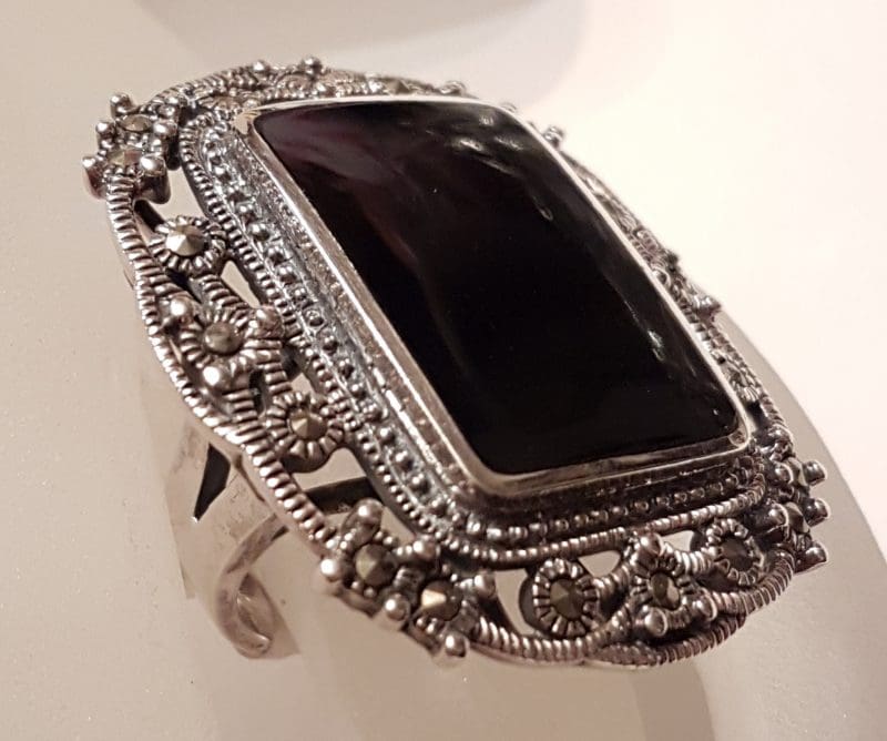 Sterling Silver Marcasite Large Rectangular Onyx Ornate / Filigree Ring