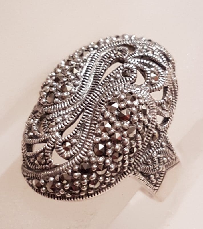 Sterling Silver Marcasite Large Oval Ornate Filigree Ring