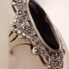 Sterling Silver Marcasite Very Big / Long Oval Onyx Ornate Ring