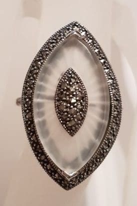 20200405_214509 Sterling Silver Marcasite Long White Quartz Marquis Shape Ring