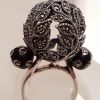 Sterling Silver Marcasite & Onyx Ornate Filigree Large Ball Ring